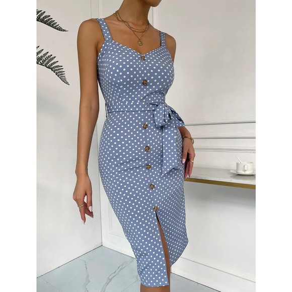 Polka Dot faux Button down Split Hem Belted Cami Bodycon Dress blue - Picture 5 of 6